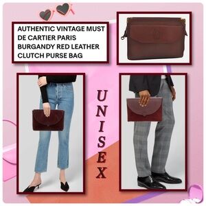 Authentic Must de Cartier Burgundy Red/Bordeaux Leather Unisex Clutch